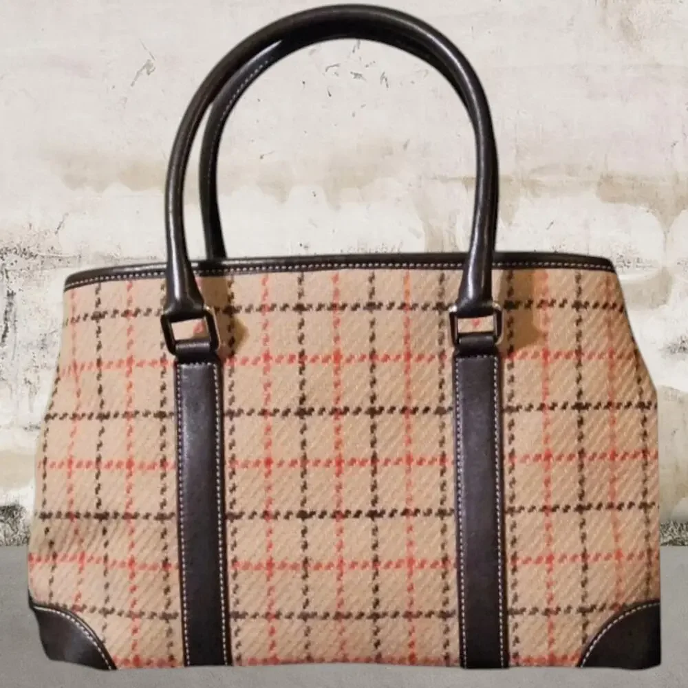 COACH Hampton Wool Plaid Satchel with Brown Leather Trim & Wristlet